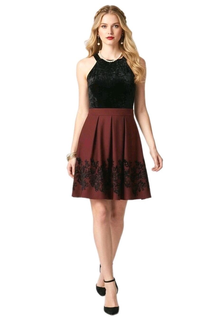 Black Velvet Fit & Flare Mini Dress L Red Burnout Roses Halter Prom Whimsigoth